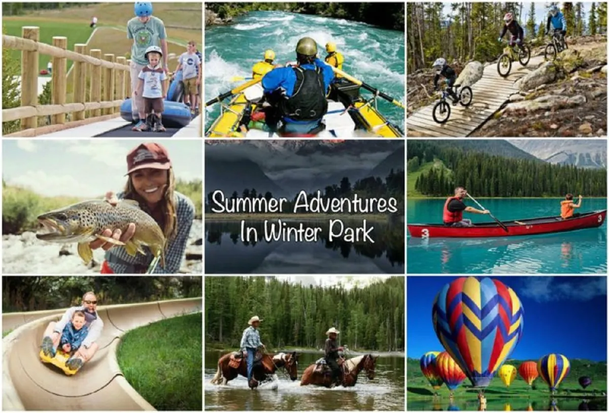 A vibrant exterior scene featuring families engaging in a variety of outdoor activities like rafting, mountain biking, fishing, and playing in water slides, all set against a backdrop of scenic mountains and hot air balloons. The mood is energetic and joyful, emphasizing active family fun and exploration.