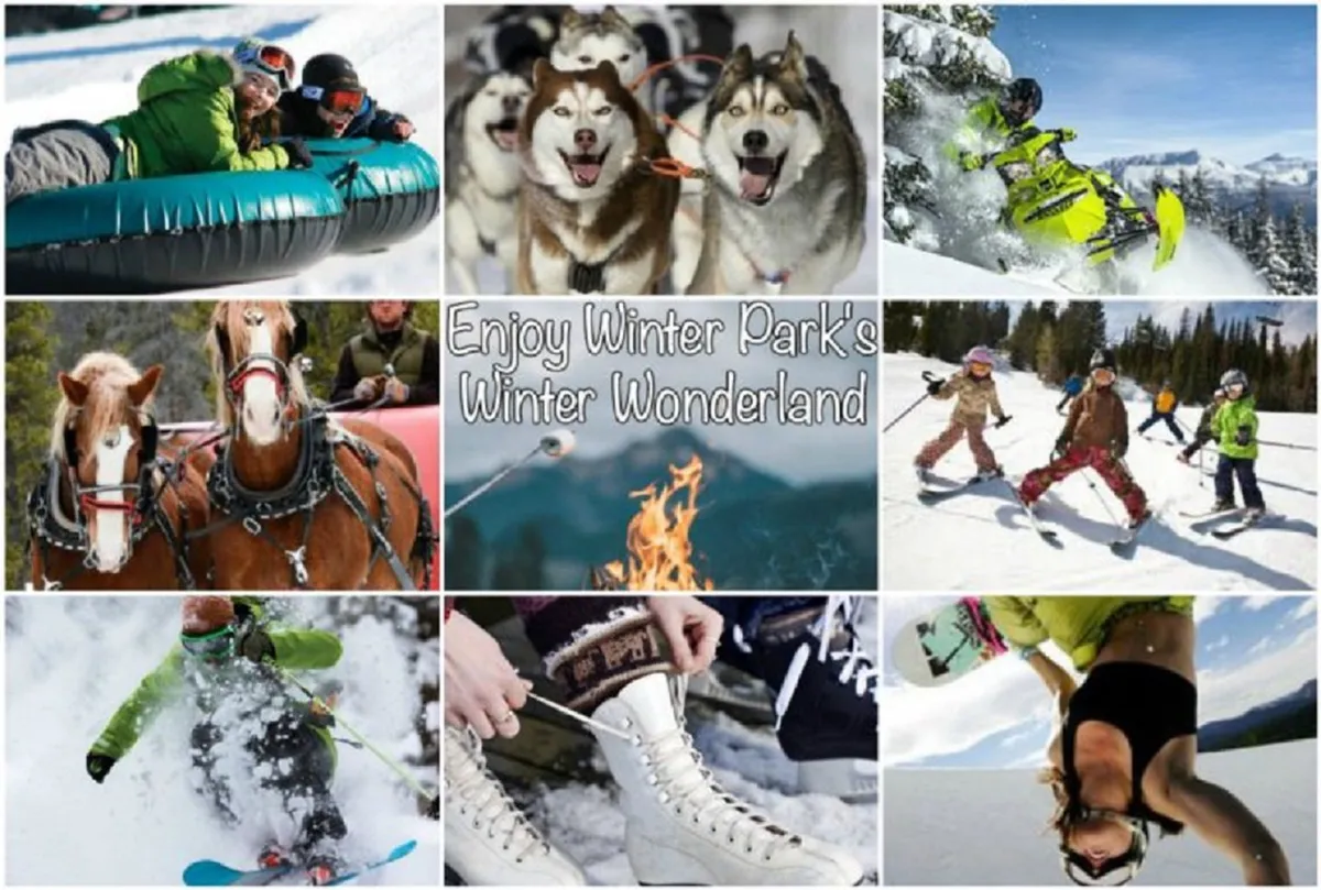 A lively winter scene bursting with activity: people tubing down snow-covered hills, huskies pulling a sled, skiers and snowboarders in motion, children playing in the snow, a fire pit with flames, and ice skates set out. The landscape is festive, energetic, and family-friendly.