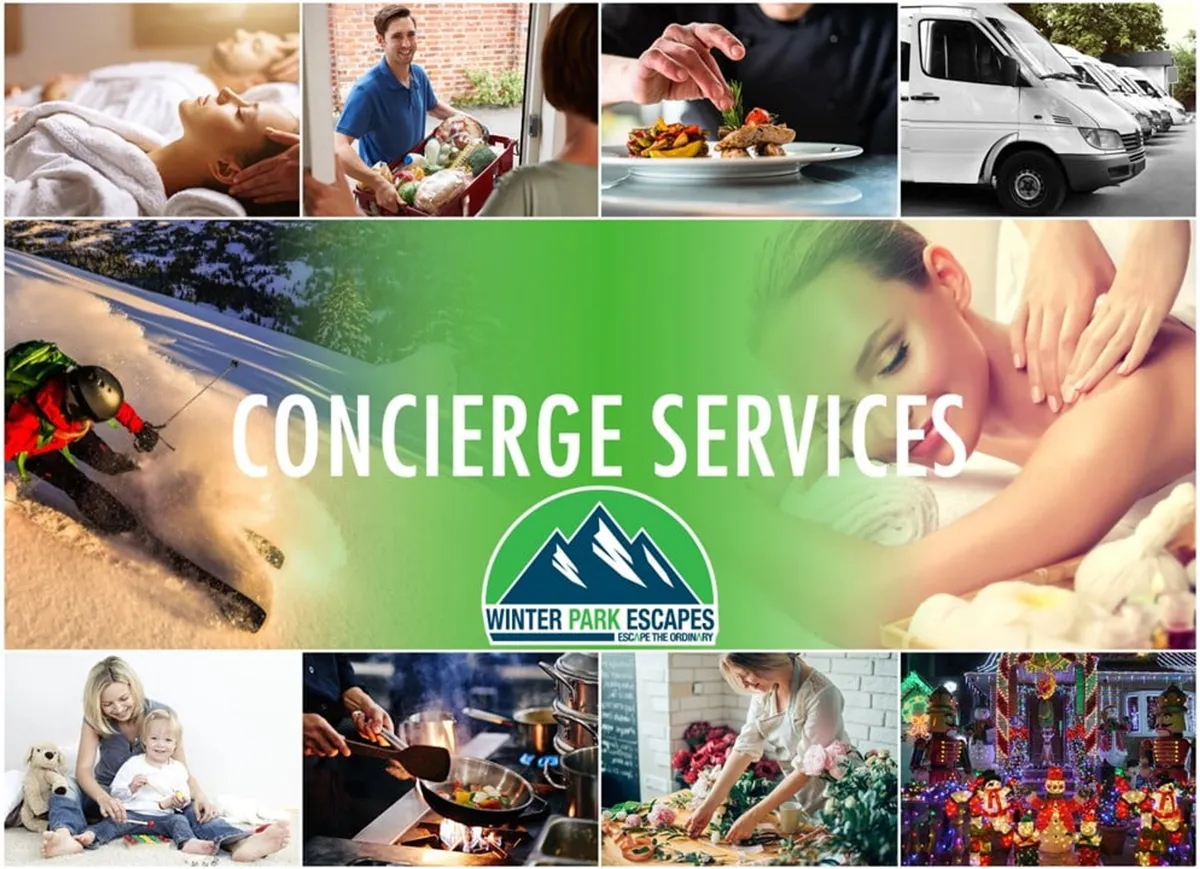 A dynamic collage-style interior scene featuring a spa treatment in progress, food delivery, skiing, a family enjoying time together, and a chef preparing a dish. This montage encapsulates a variety of luxury services and adventure experiences available to guests, from pampering to gourmet dining to outdoor excitement.